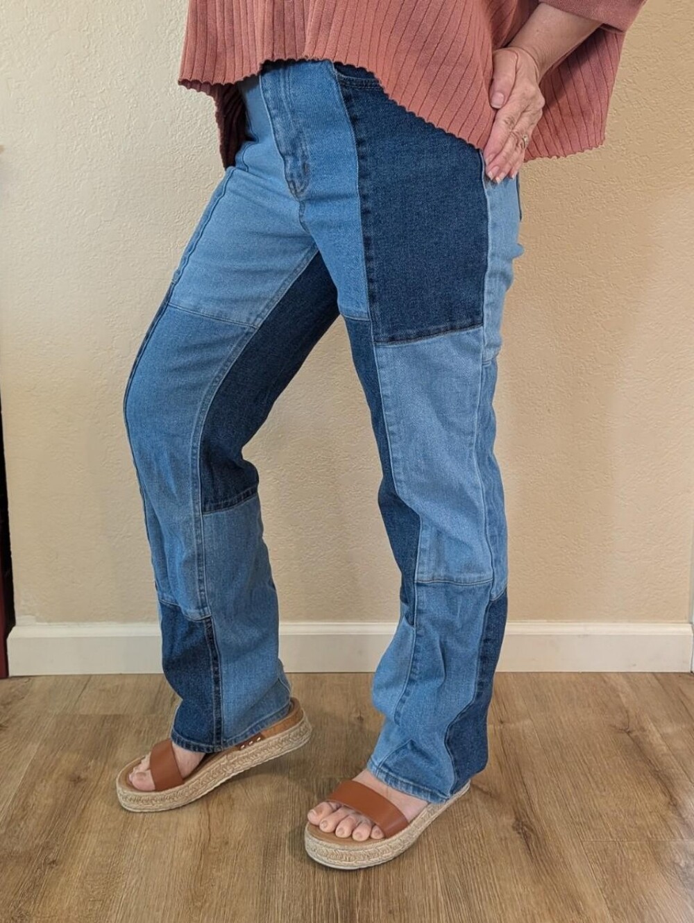RSQ Women’s Patchwork Straight Jeans in Light and Dark Blue Tones